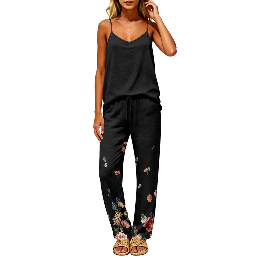 Women Sleeveless Pullover Casual Top with Back Cutout Loose Fit and Elastic Waist Floral Print Pants Two Piece Lounge Set