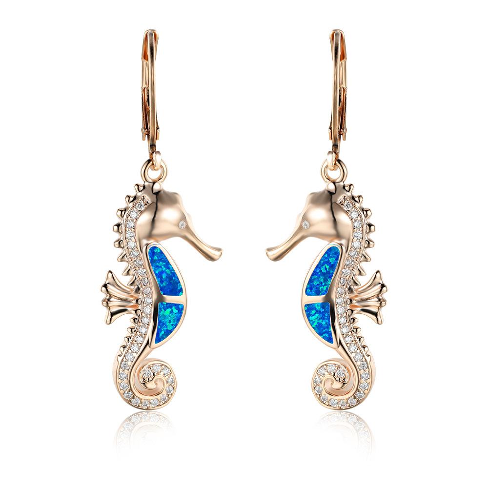 Série Ocean Wind Modrobílé Australské Poklady Mikroosazené Bílými Diamanty Náušnice s Mořským Koníkem