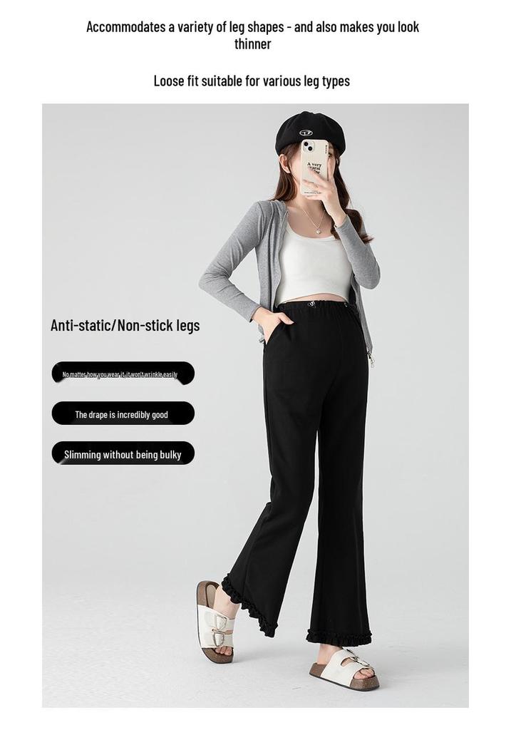 High Waist Ruffle Trim Maternity Pants - Spring & Autumn Micro Flare, Casual Loose Fit, Cropped Tailored.