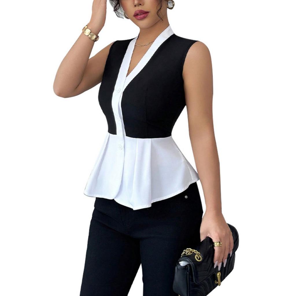 Summer New Women's Sleeveless Shirt, European American Commuter Style Fake Two-piece Cardigan Blouse Leisure Women