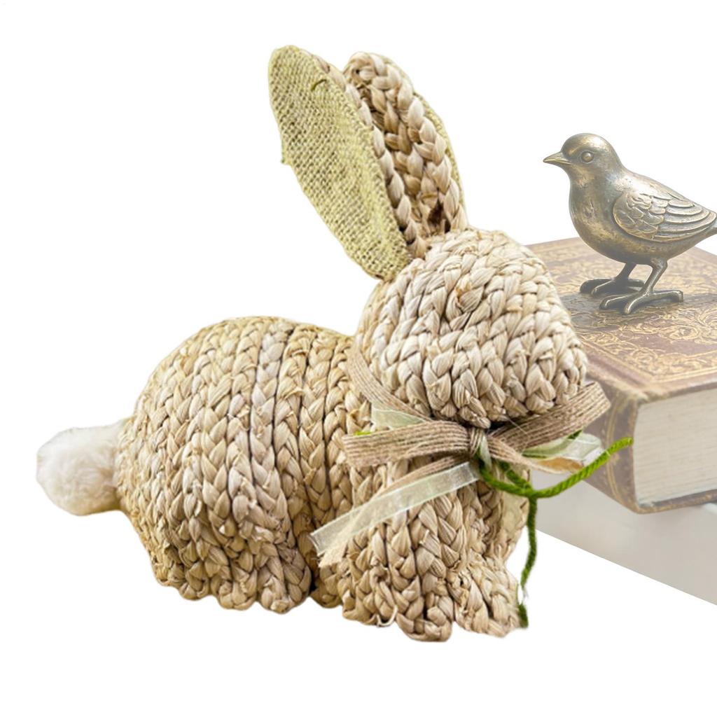 Spring Easter Handmade rabbit ornaments Rustic Cute Woven Spring Decor Rabbit Statue decorated with bows and fluffy tails