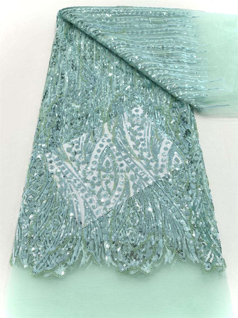 Elegant French Embroidery Green Beaded Net Lace Fabric 2025 African Nigerian Tulle Mesh with Sequins Fabric for Wedding Dress