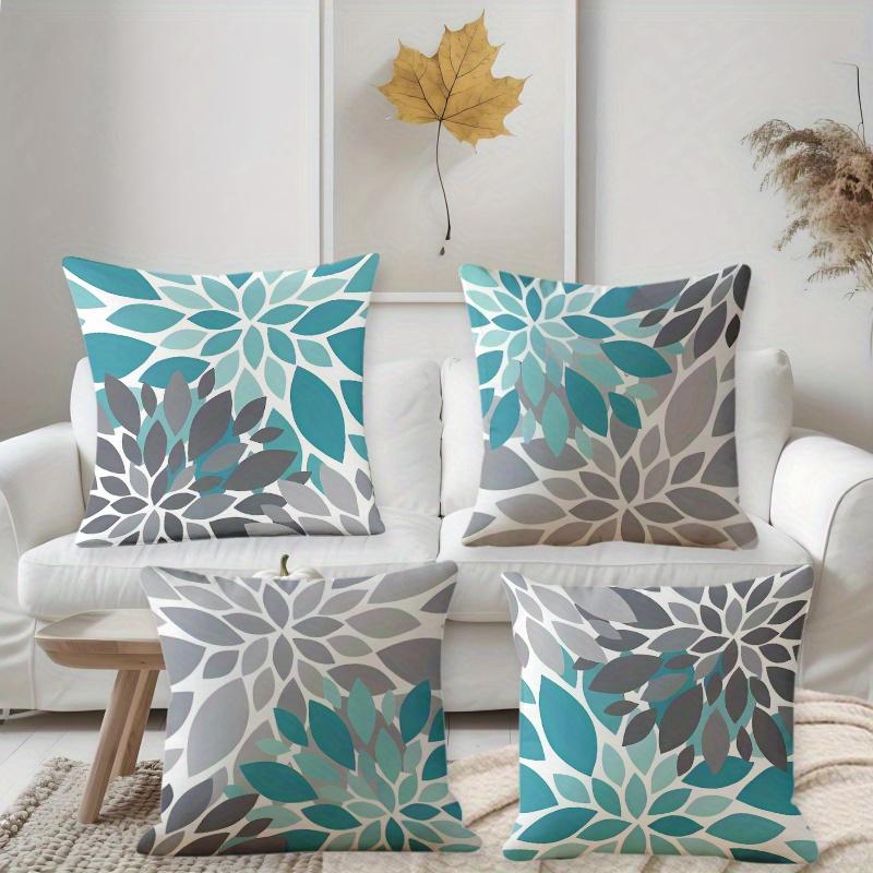 4-piece Blue-Gray Geometric Floral Print Pillowcases, Soft and Durable Polyester Fabric with Zipper Closure, Suitable for Sofa