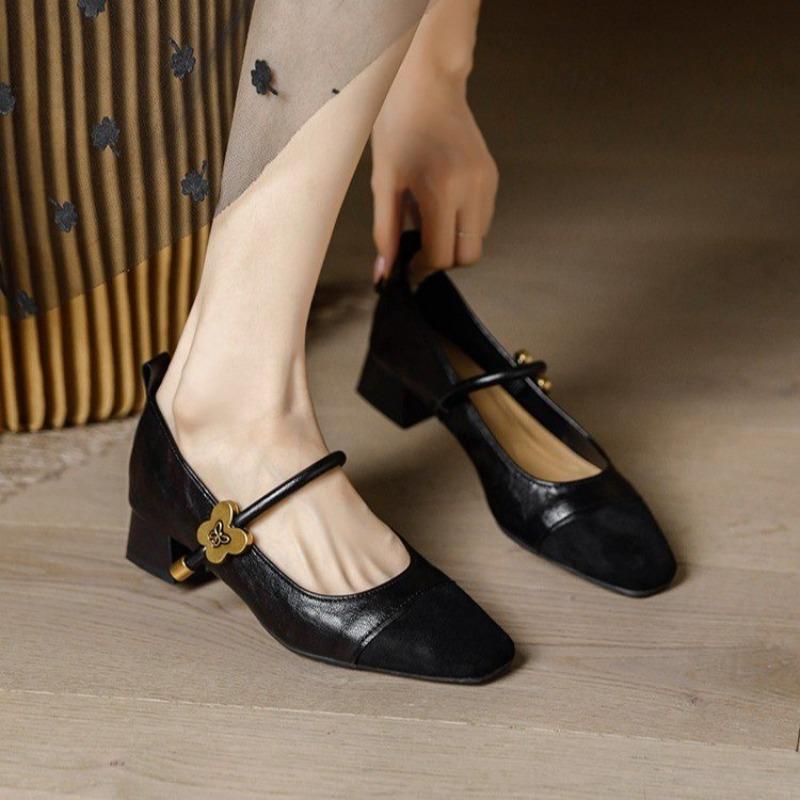 Fashion Vintage Brown Single Shoes Block Heel 2025 New Spliced One Strap Mary Jane Women's Shoes