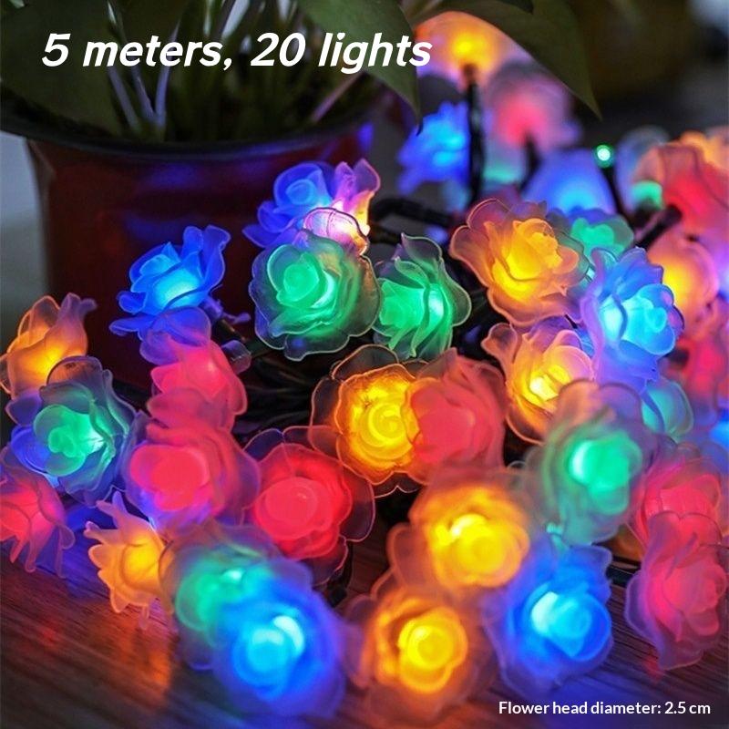 5/7M Solar Flower Shape String Lights Outdoor Led Waterproof Garden Christmas Party Decor Led Solar Rose Colorful String Light
