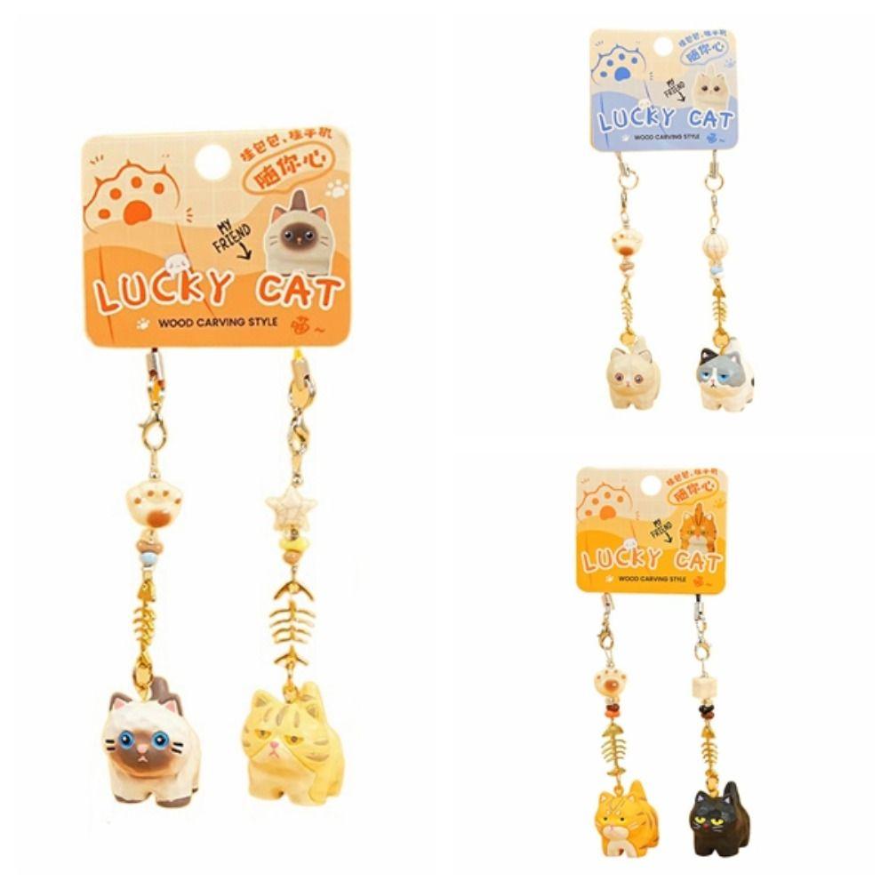 2Pcs Bag Hanging Resin Cat Pendant Cute Car Keyring Cartoon Cat Fishbone Keychain  Bag Decor