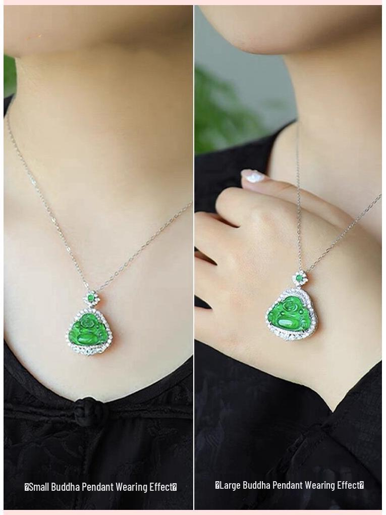 S925 Silver Pendant: Natural Jade Maitreya Buddha Necklace, Full Green Design.
