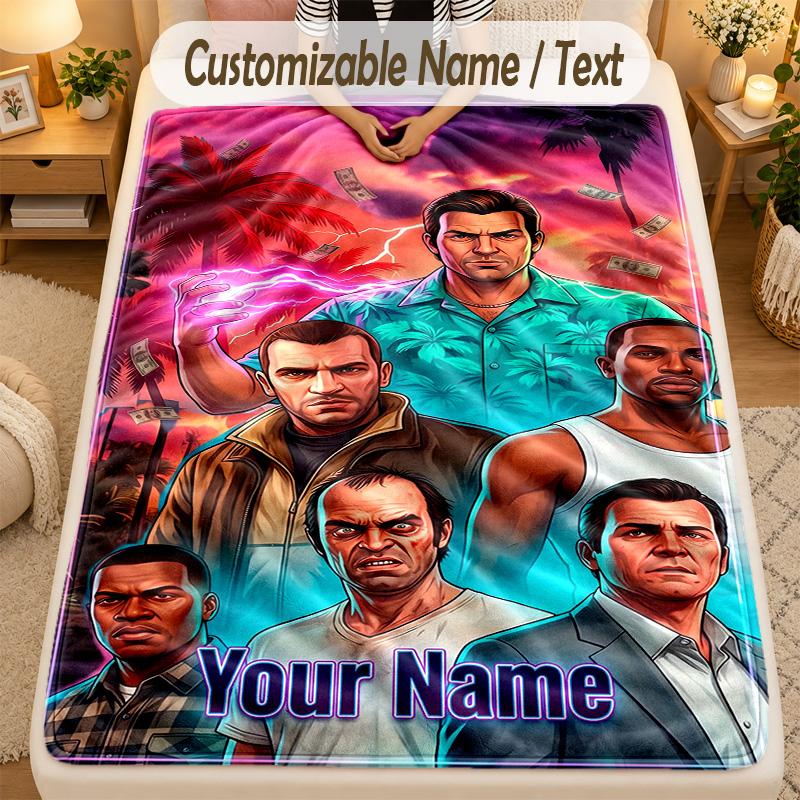 Flannel BlanketGTA Custom Name Text Personalized Soft Warm Throw Blanket Home Decor Gift