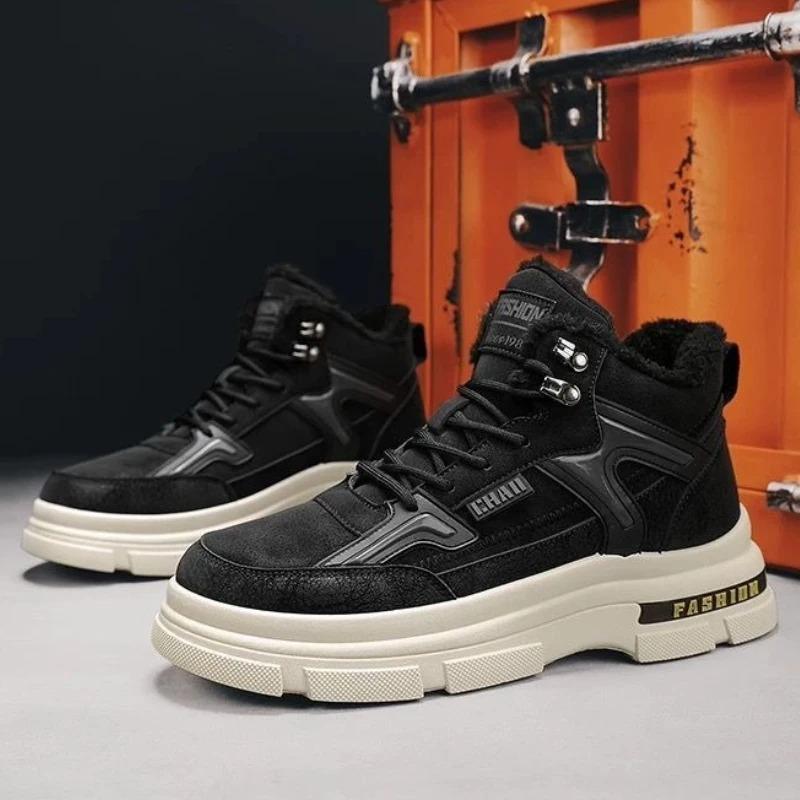 Fashion Winter Mens Boots Luxury Leather Casual Ankle Boots Fashion High Top Cotton Boot Thick Plush Warm Snow Boots Winter Men Sneakers