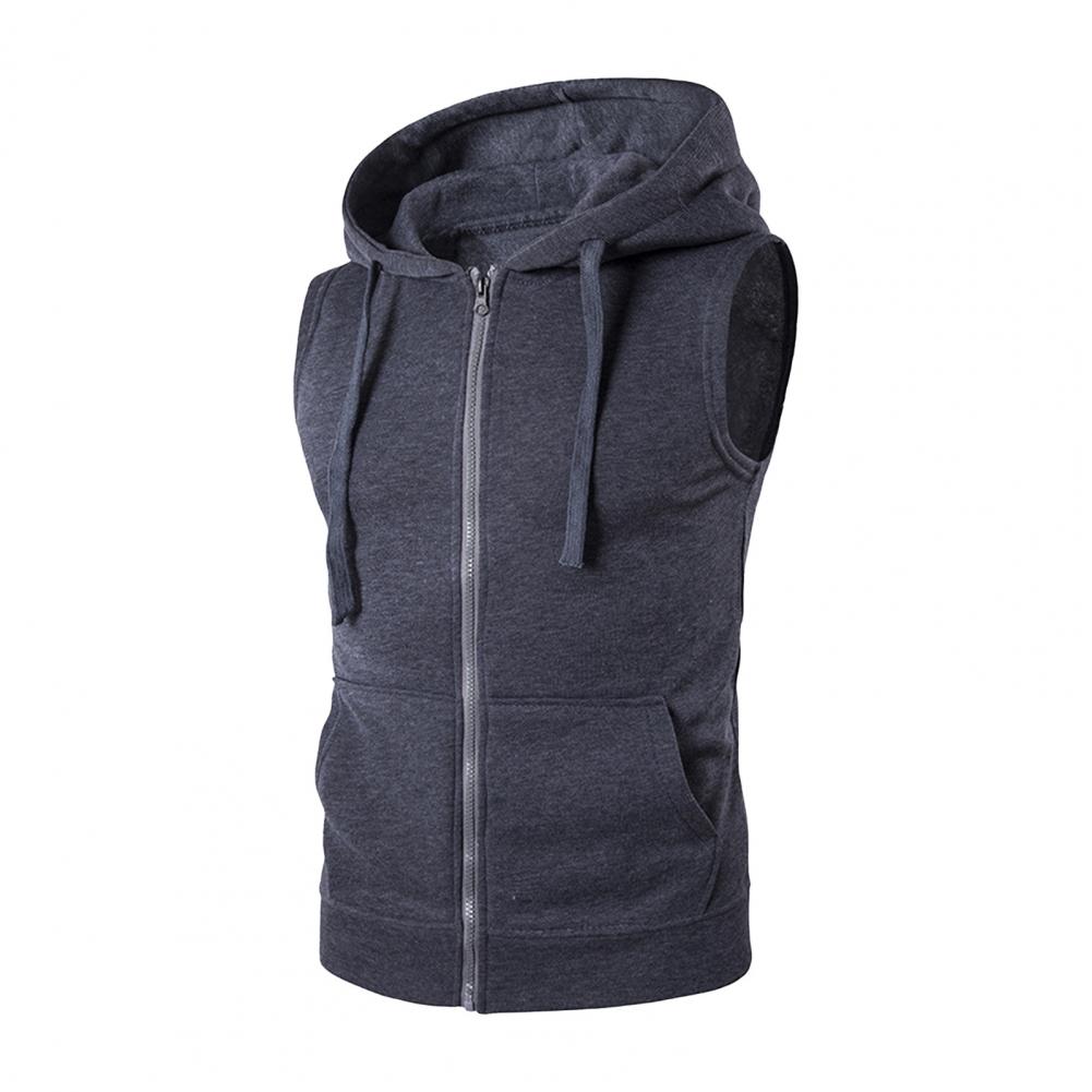 Men Vest Jacket Hooded Drawstring Sleeveless Zipper Placket Vest Coat Solid Color Pockets Zipper Placket Waistcoat