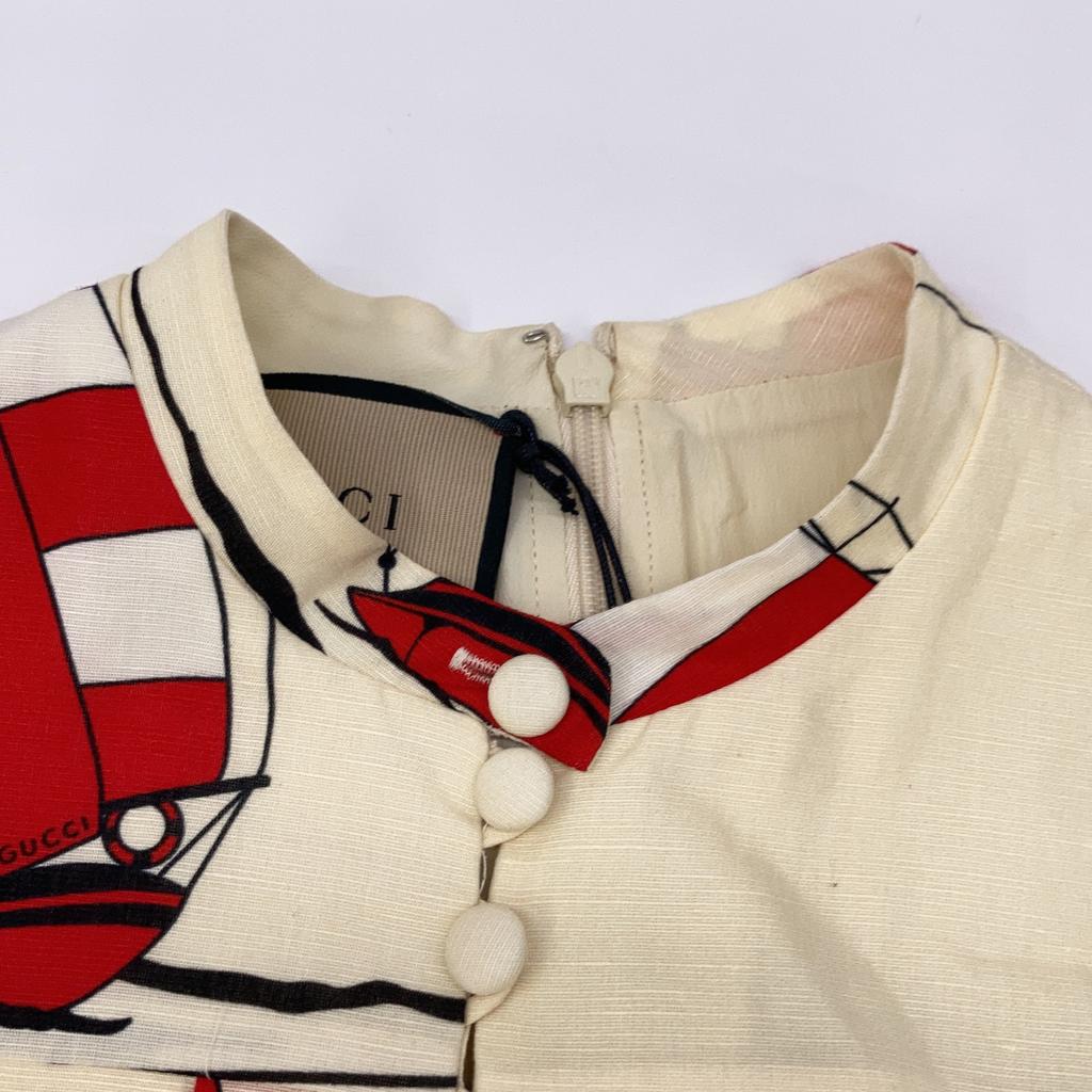 GUCCI 654450 21Stainless Steel Beige Cotton Linen Yacht Print Bow Tie Pleated Dress dress 38 beigeUsed