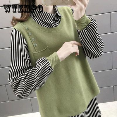 Magliette Fake Two Camicetta da donna Primavera e autunno Maglieria coreana a maniche lunghe Moda femminile Versatile da donna