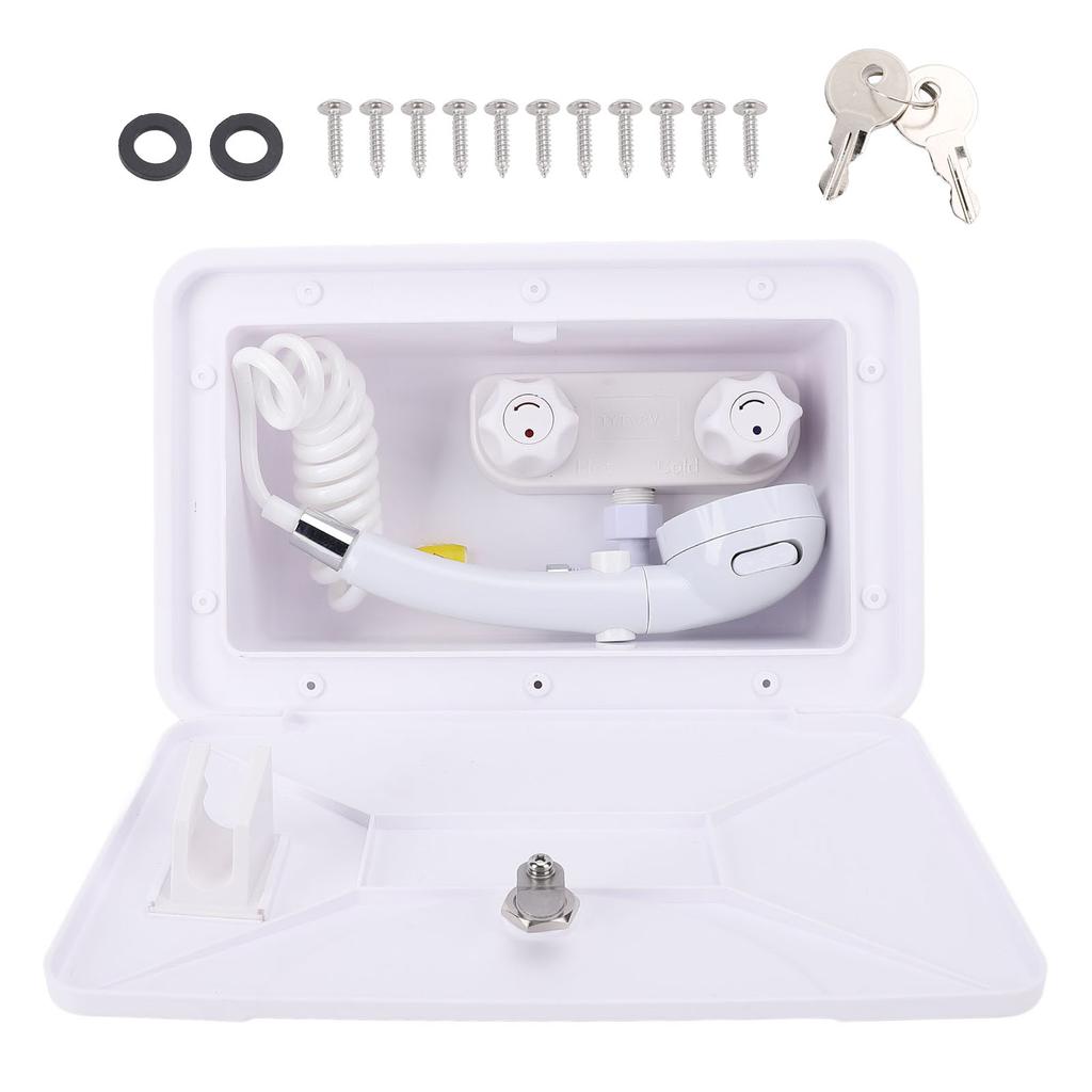 RV Exterior Shower Box with Shower Head 1.5m Retractable Hose Hot Cold Water Regulating for Motorhome Trailer