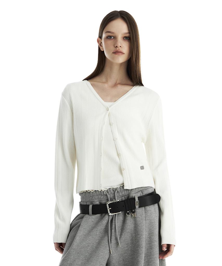 Treemingbird Essential Ribbed V-Neck Knit Cardigan [ Ivory ]
