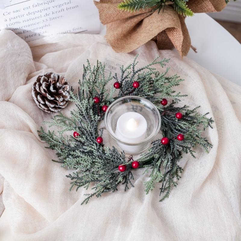 Festive 20cm Artificial Green Wreath Elegant Candlestick Decoration Realistc Pine Decor for Wedding Party Centerpiece