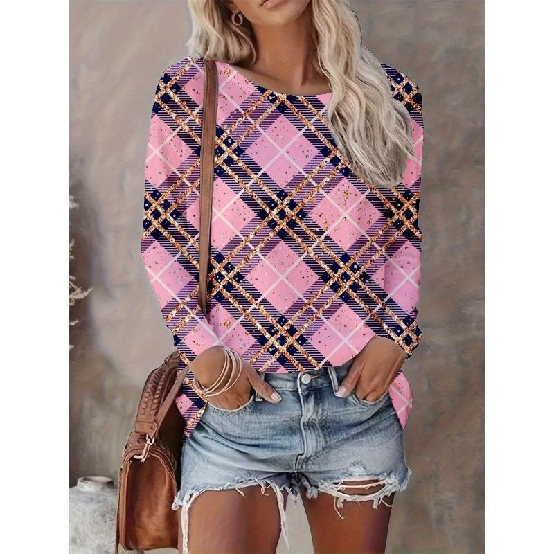 Women's Autumn and Winter Love Plaid 3D Printing Round Neck Long-sleeved T-shirt Comfortable, Fashionable and Breathable
