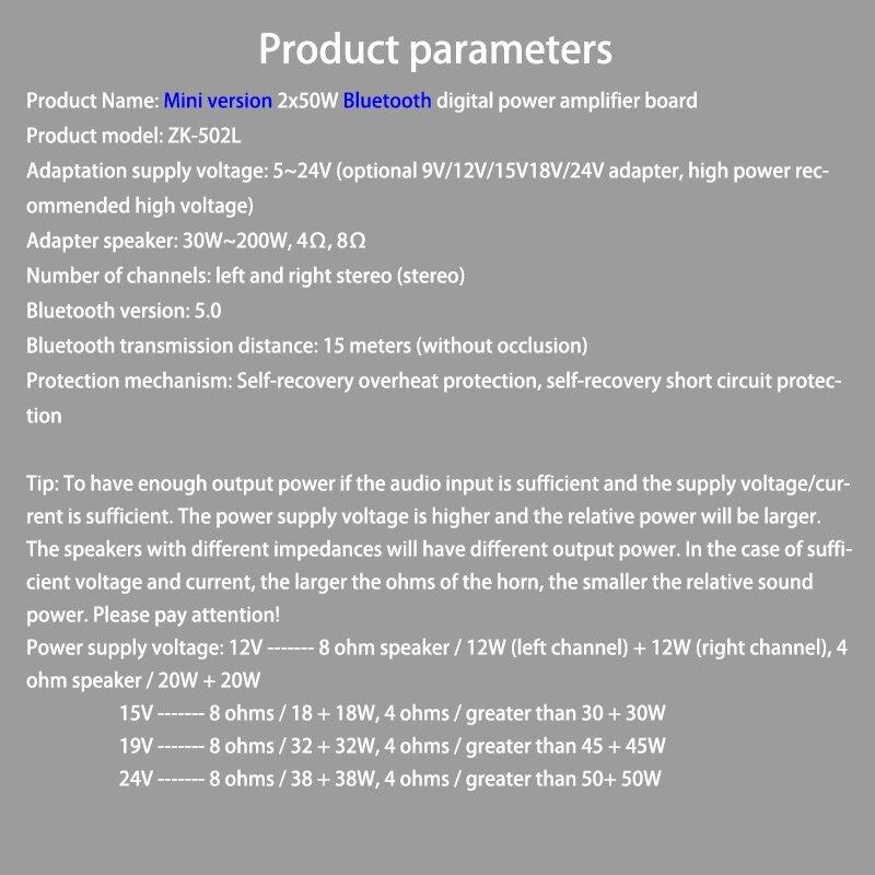 ZK-502L MINI Bluetooth 5.0 DC 5-24V Wireless Audio Digital Power amplifier Stereo board 50Wx2 Bluetooth Amp Amplificador