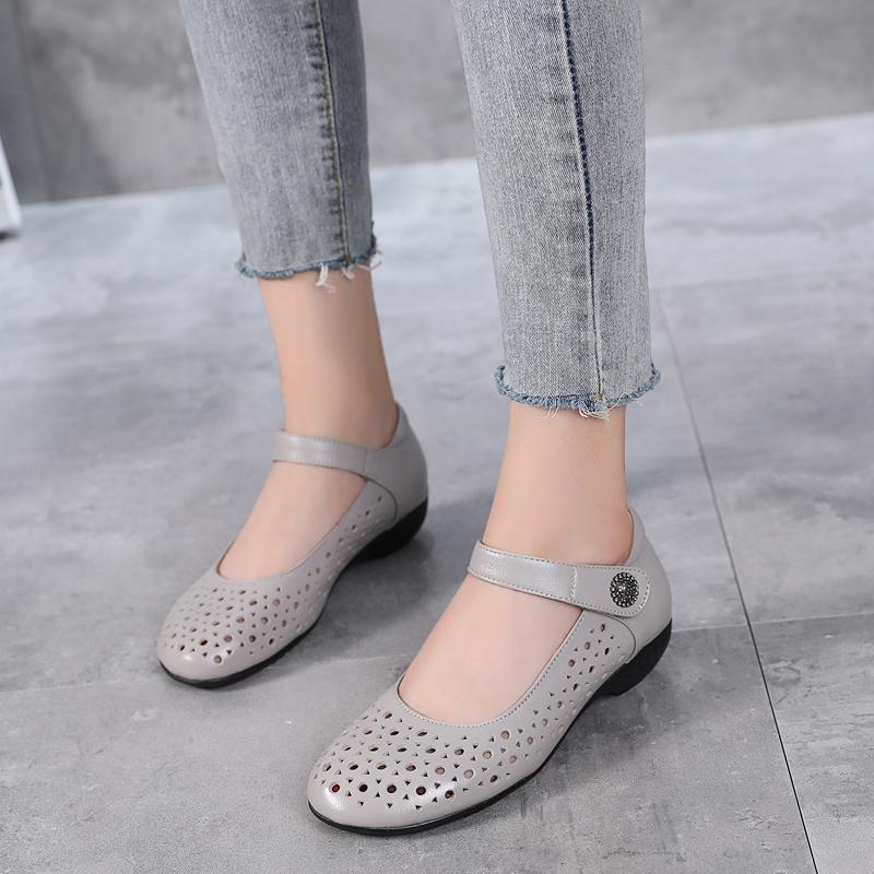 Fashion GKTINOO Genuine Leather Ladies Flat Summer Shoes Woman Slip On Casual Loafers Hollow Out Round Toe Soft Comfort Sandals Female