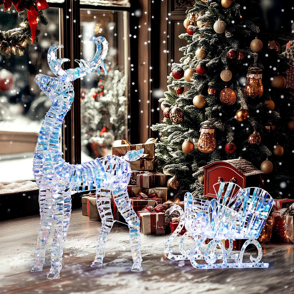 Weihnachtsbeleuchtung Rentier und Schlitten mit 170 warmweißen LEDs, Weihnachtsdekoration für den Innen- und Außenbereich, 60x29x115cm