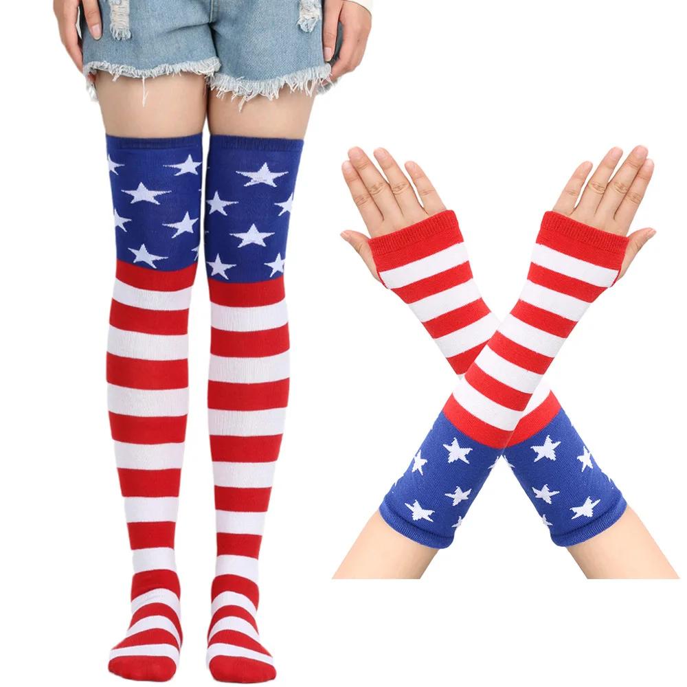 Lange über dem Knie Socken Damen Fäustlinge Armstulpen Handschuhe Set Gestreifte Oberschenkelhohe Strümpfe Damen Mädchen Rosa Schwarz Weiß Lolita