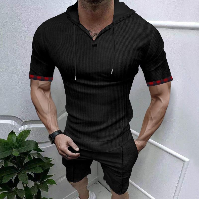 Summer Quick Sale Hooded Waffle Shirt Men's Sports Casual Short Sleeve Shorts Set
