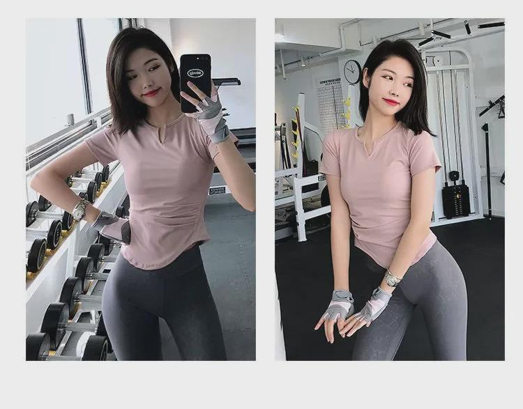 Women's Slim Fit V-Neck Yoga Outfit - Quick-Dry Pleated Short-Sleeve T-Shirt for Pilates, Fitness, and Running.