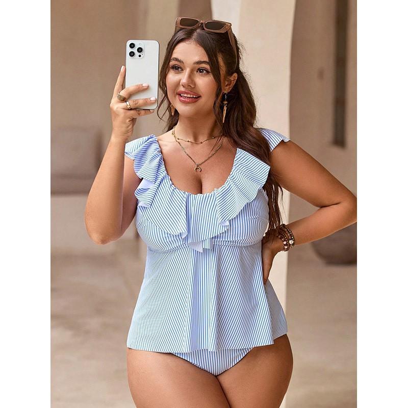 Popular Style Ruffled One-piece Swimsuit Fashionable Striped Strapless Tube Top Women XL синий