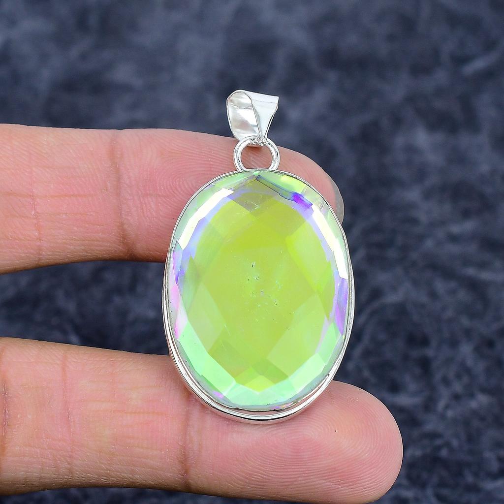 Mystic Glass Gemstone Handmade 925 Sterling Silver Jewelry Pendant 1.89" M-3250