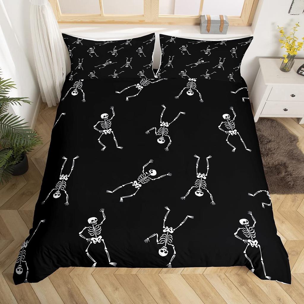 Sugar Skull King Queen Duvet Cover Funny Skeleton Halloween Bedding Set Gothic Spooky Bone Quilt Cover Polyester Comforter Cover