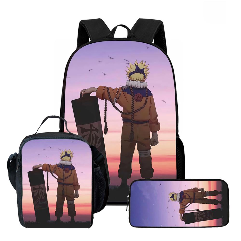 3Pcs Set NARUTO Anime School Rucksack With Front Pocket & Sling Carry Tote & Pencil Bag,Durable&Lightweight,for Boys&Girls Age 6-10