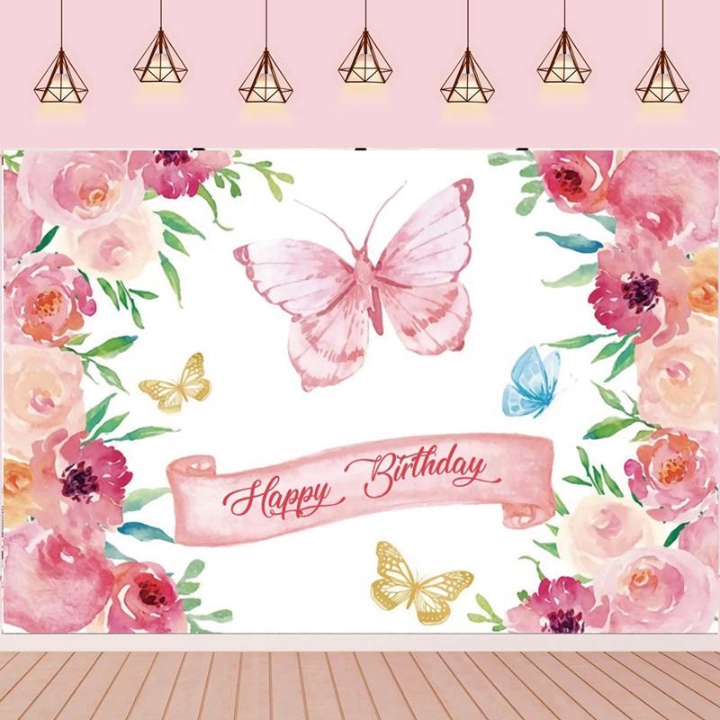 Rosa Schmetterling Geburtstag Kulissen für Mädchen Party Decor Requisiten Kinder BabyShower Foto Fotografie Hintergrund Schmetterling Dekoration