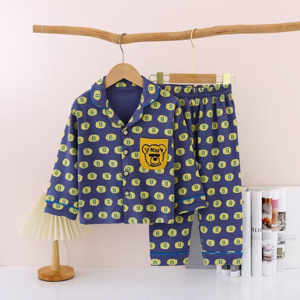 New Pure Cotton Children's Cardigan Pajama Set - Short Sleeve, Loose Fit for Boys & Girls