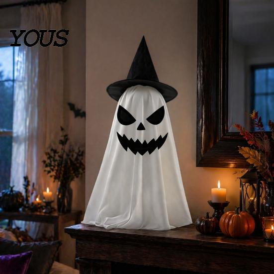 Halloween Ghost Decor Decoration, Indoor Tabletop Standing with Witch Spooky White Ornament Hat/Bow for Mantel Dining Table Party Home