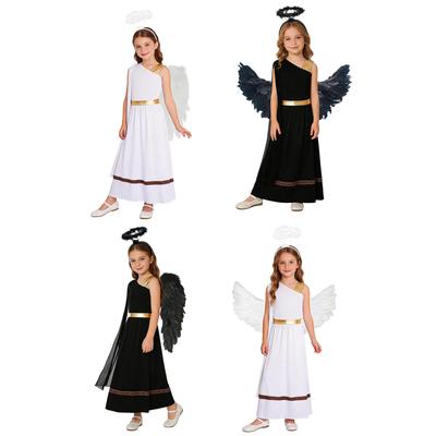 Costume Dieu Grec Romain pour Filles Ensemble 3 Pièces Robe Patchwork Brillant Métallique Ailes à Plumes Bandeau pour Cheveux