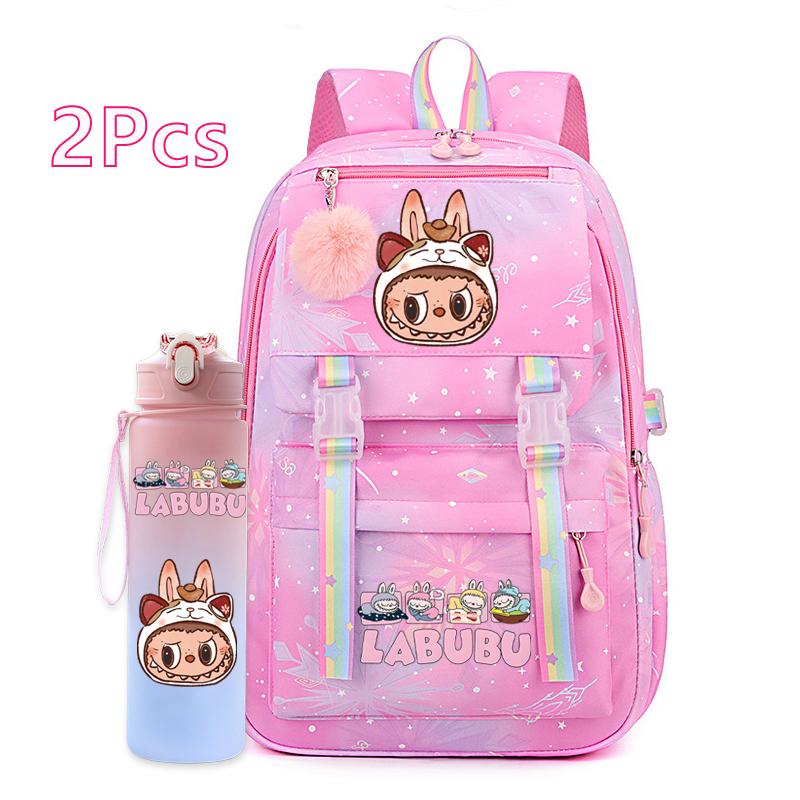 2Pcs/set Cute Printed Backpack with 750Ml Outdoor Sports Water Bottle Student Girl Boy Schoolbag Large Capacity Travel Bag Gift