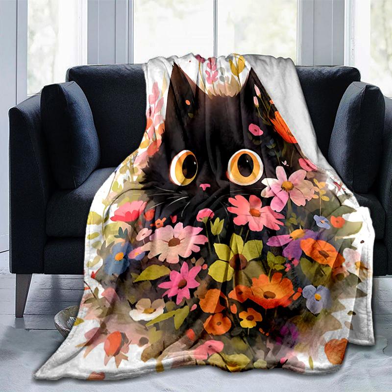 1pc Flower Black Cat Blanket  Seasonal Universal Home Decorative for Room, Gift Idea, Living Room, Travel, Camping, Car Blankets