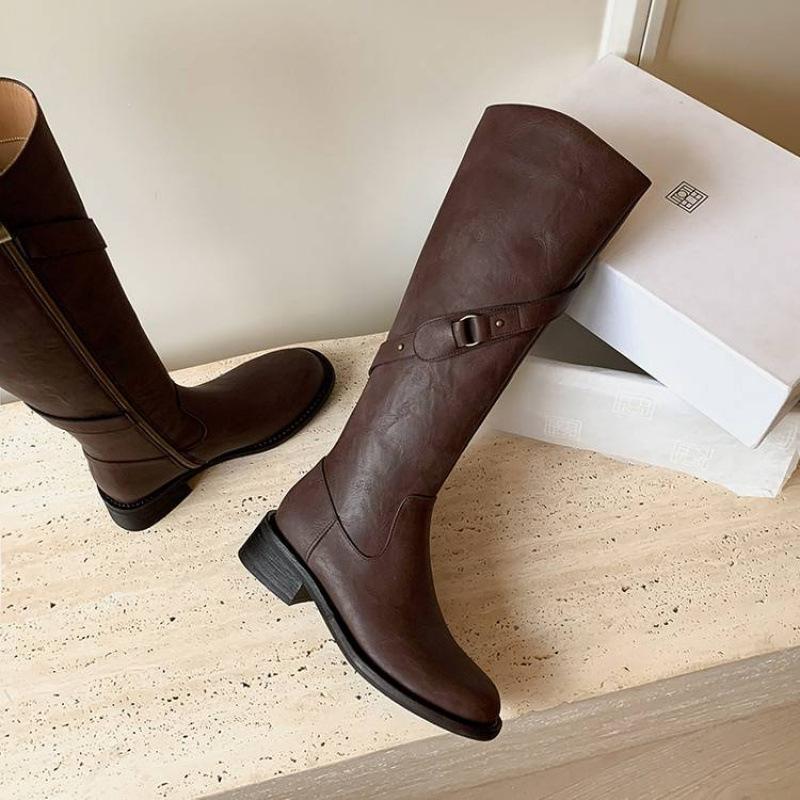 Autumn and winter medium heel large size women's boots solid color side zipper women's leather boots genuine leather Martin boots new cowhide high bo