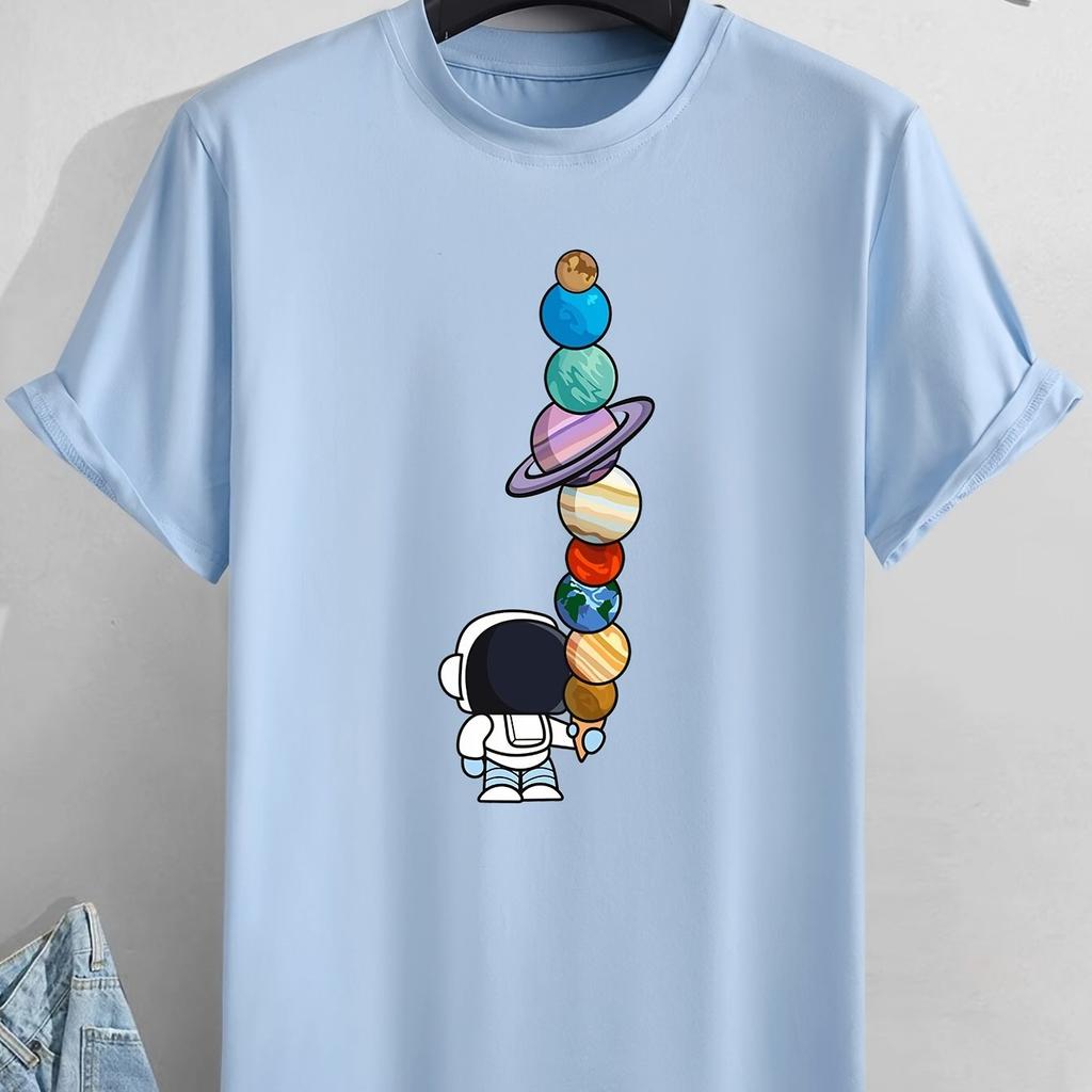 Summer Cotton Cartoon Astronaut Planet Print Loose Large Casual Round Neck Short Sleeve T-shirt