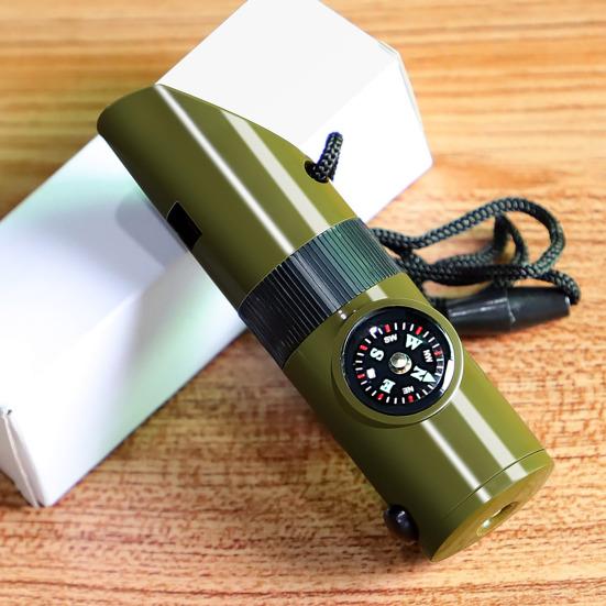 7-In-1 Multifunctional Whistle with Compass Thermometer Magnifier Reflector Mirror LED Light Outdoor Hiking Hunting Camping Emergency Survival Tool