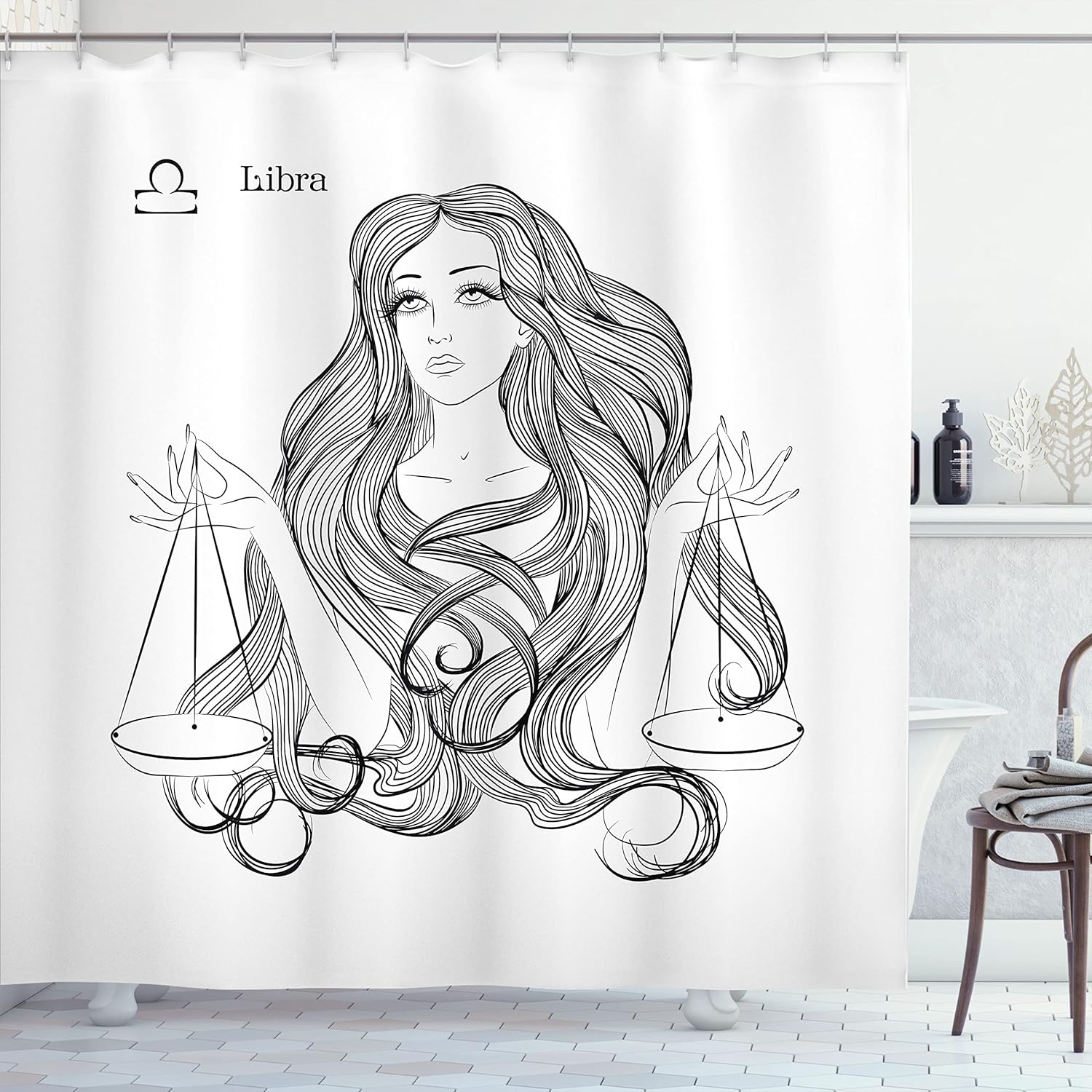 

Libra Zodiac Shower Curtain Astrology Woman Scales Symbol Art Black White Design Bath Decor Waterproof Fabric Horoscope Home W60H190(CM)-1 Pcs