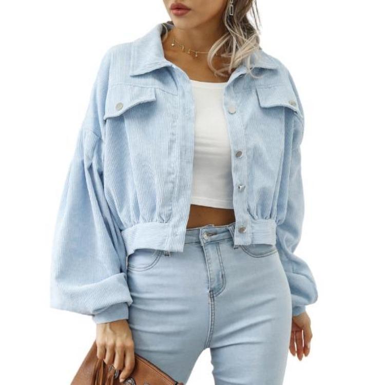 Giacca Corta in Velluto a Coste Vintage Autunnale da Donna Cappotto Monocolore Revers Manica a Lanterna Monopetto Capospalla