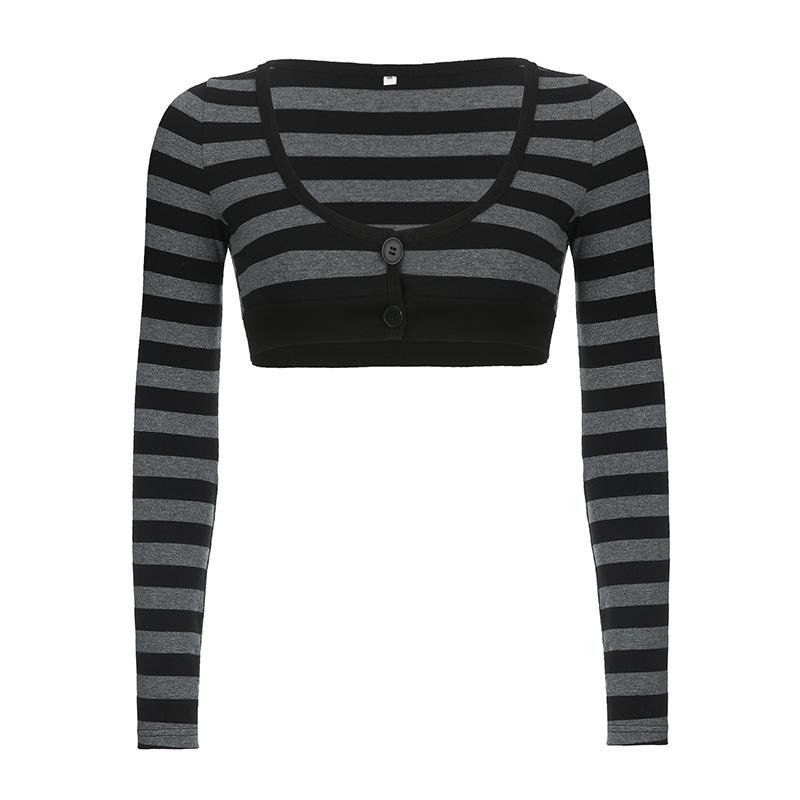 

American Street Style Spicy Two-Button Low-Neck Long-Sleeve Top - Women s Autumn/Winter Color Block Versatile T-Shirt Medium серый