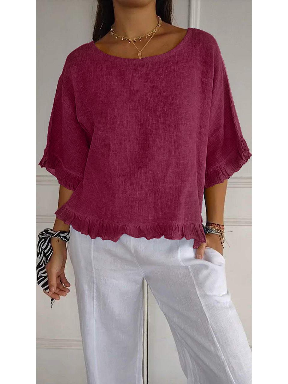 

2026 Women s Loose Fit Short Sleeve Cotton Linen Shirt - Solid Color, Round Neck, European & American Style. S вино красного
