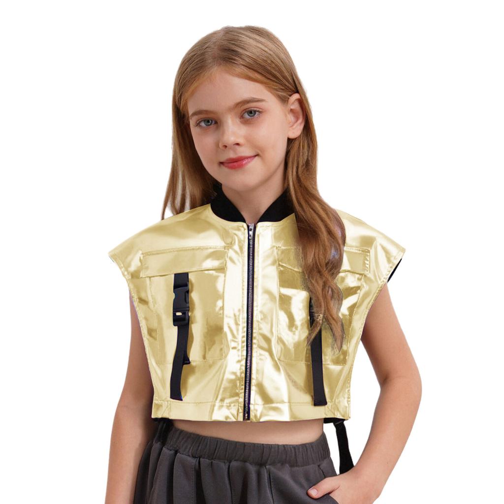 Chaleco de Jazz para Escenario para Niñas: Chaqueta Metálica con Aberturas Laterales, Bolsillos con Cremallera y Hebilla, Top de Rendimiento sin Mangas
