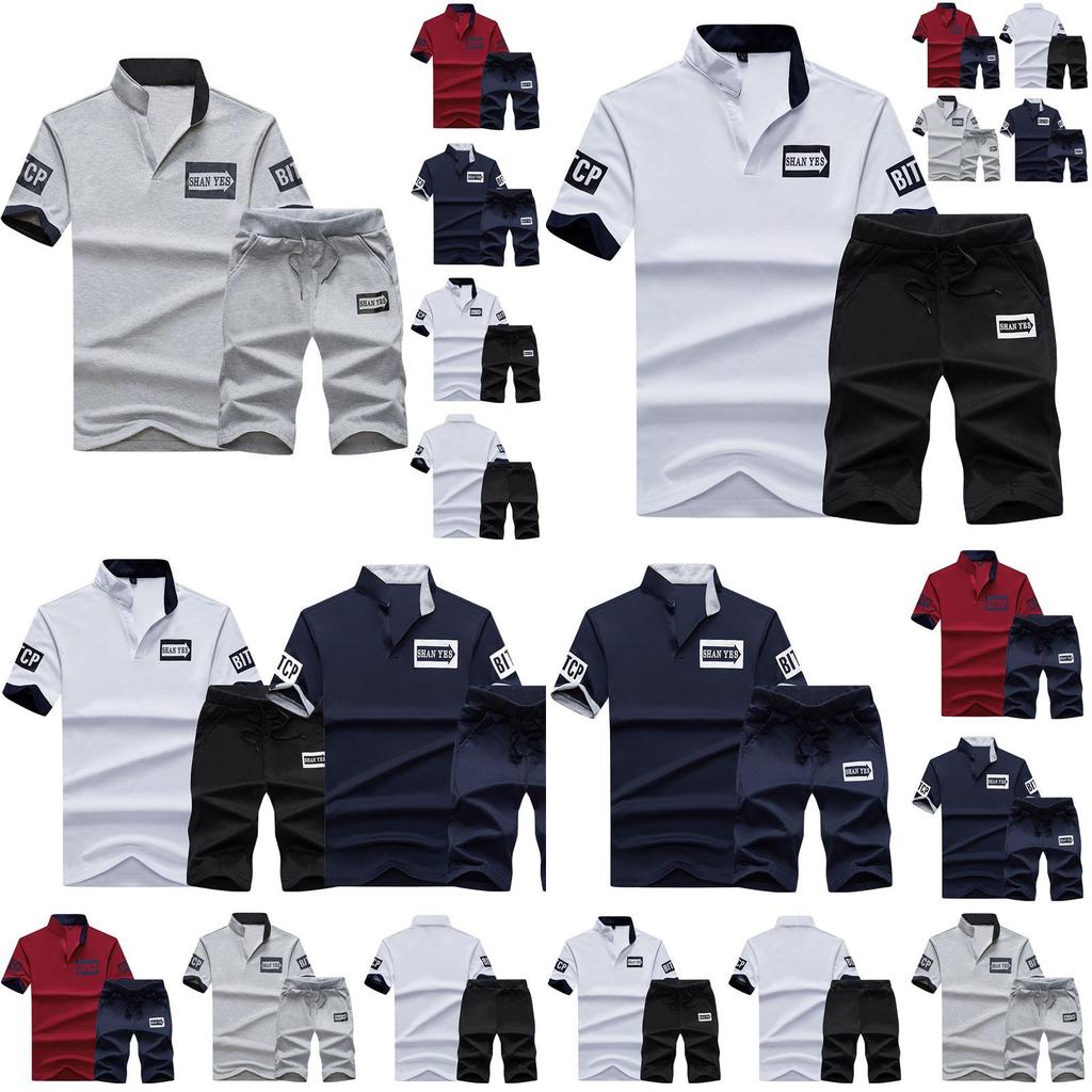 Completo T-shirt a collo alto con girocollo e pantaloncini da uomo, set comodo e traspirante per stile casual