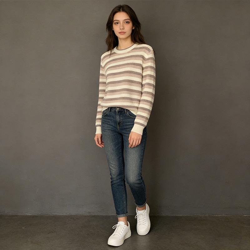 2026 Spring Women's Slim Striped Pullover Sweater - Sweet, Youthful Knit Top