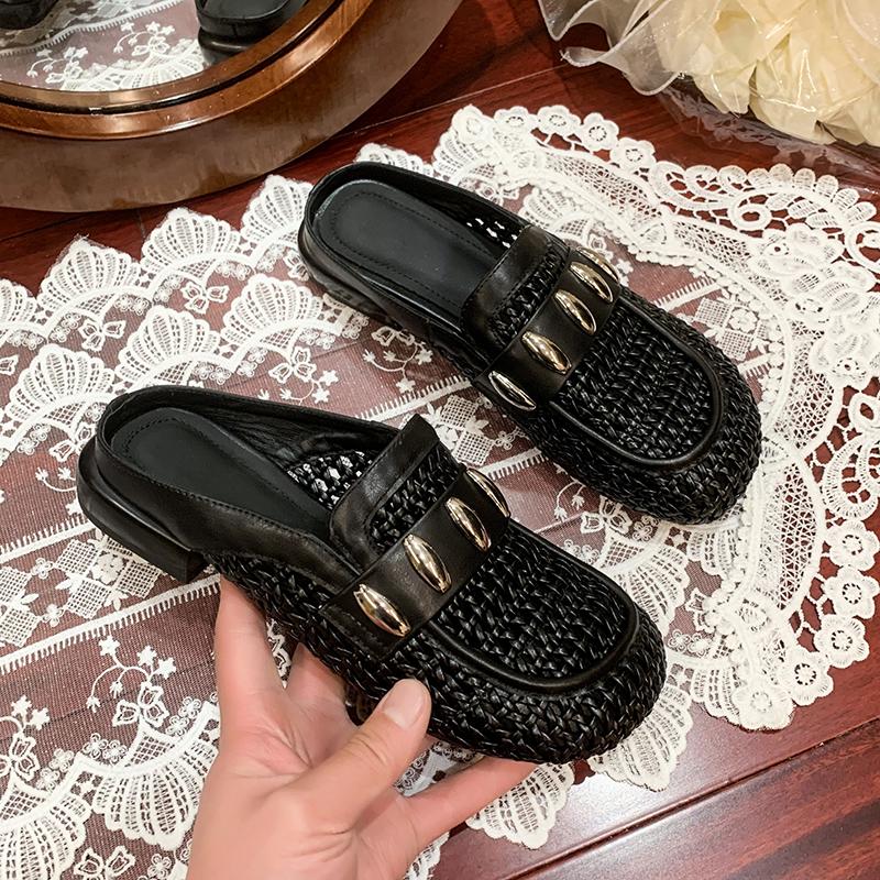 

Роскошные плетеные тапочки Женская обувь Круглый носок Металлическая пряжка Повседневный стиль Ленивые для ношения на улице Женские сандалии Элегантные шлепанцы Женские 35 чёрный