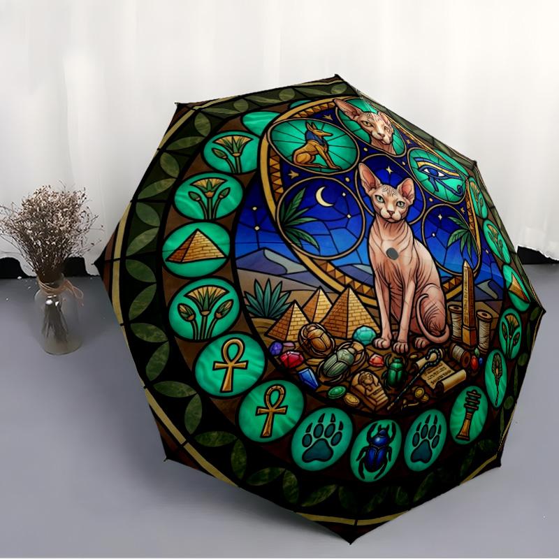 Egyptian Cat Glass pattern umbrella, portable and foldable design, 8 ribs, a casual accessory for Halloween, Christmas, and birthday gifts.
