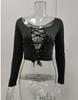 2021 European & American Women's Sexy Long Sleeve Hollow Lace-up T-shirt Top