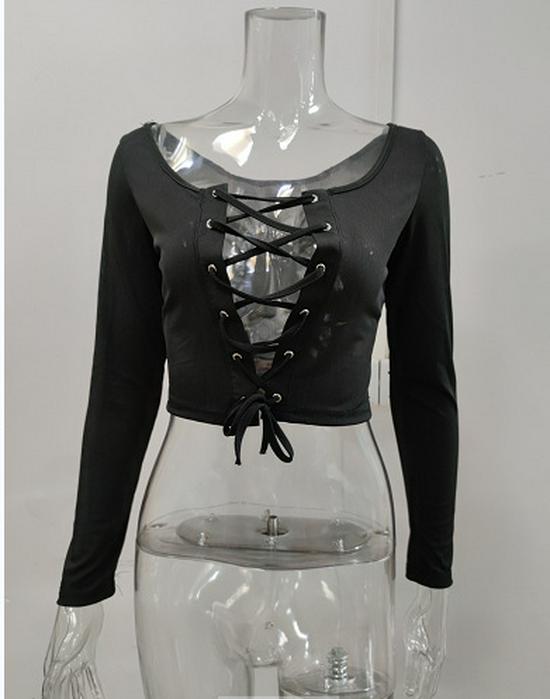 2021 European & American Women's Sexy Long Sleeve Hollow Lace-up T-shirt Top